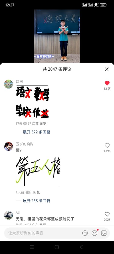 这是一段抖音短视频的截图，视频主体是五年级2班的小学生站在写有被划掉‘鸡’字的‘鸡你太美’电子黑板前，做出该梗的标志性交叉手臂动作。下方是该视频的评论区，共有2847条评论，展示了三条热门评论：
1. 用户「网网」发布图片，划掉「语文数学」里的「语」「数」、「学校作业」里的「学」「业」，复刻视频里划掉文字的玩梗形式；
2. 用户「五岁的狗狗」发布图片，给「第五人格」的字样打勾，玩「五年级」和「第五人格」的谐音梗，对应视频里的五年级2班；
3. 用户「AJI」评论「无聊，祖国的花朵都整成预制花了」，表达对这类模仿内容的吐槽。
其中「鸡你太美」是源自蔡徐坤的经典网络热梗，评论区通过划掉/打勾的视觉形式，结合谐音、复刻的方式进行二次玩梗。