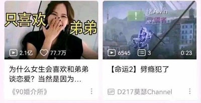 图片为左右两栏拼接对比图。左栏是一位女生捂嘴笑的视频截图，上方有黄色大字'只喜欢弟弟'，下方文字'为什么女生会喜欢和弟弟谈恋爱？当然是因为...'，来源标注《90婚介所》，左下角显示播放量2.1亿、点赞77.7万。右栏是《命运2》游戏画面截图，显示蓝色装甲角色战斗场景，上方有游戏ID'绪Alvin'和'守护者'标识，下方文字'【命运2】劈瘾犯了'，左下角显示播放量6545、评论3条、时长0:23。两图通过'弟弟'与游戏术语'劈瘾'形成幽默对比，调侃不同场景下的'偏好'。