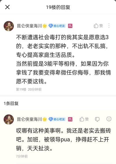 这是一张社交媒体评论截图，展示了用户"昆仑侠童海川"在第19楼的回复内容。用户表达了经历社会压力后对生活的态度，提到愿意选择一种老实本分的生活方式，专注于提高家庭生活品质，但前提是要平等相待，不愿为金钱而变得卑微。随后又自嘲这种理想状态难以实现，只能无奈接受现实，继续面对加班、被领导PUA和经济压力的生活。