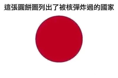 这是一张玩梗类的图文混排图，顶部配有繁体中文文字“這張圓餅圖列出了被核彈炸過的國家”，下方是一个完整的红色圆形，这个圆形对应日本国旗中心的红色图案，因为日本是目前世界上唯一被核弹轰炸过的国家，所以用整个饼图来代表这一个国家，通过这种夸张的饼图形式制造幽默效果，简洁明了地传递信息。