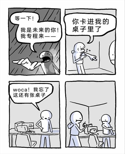 这是一幅黑白四格卡通漫画，故事围绕穿越展开：第一格中，未来的自己从类似时空传送的特效场景中出现，大张着嘴急切地想要表明自己的身份，话语还没说完；第二格切换到办公室场景，现在的自己正指着卡进桌子里的未来自己，提醒他的处境；第三格中，未来的自己从桌子里出来后，站在办公桌旁懊恼地吐槽自己忘了这里有张桌子；第四格中，现在的自己抱着胳膊，一脸无奈地看着未来的自己，而未来的自己则在摆弄桌上的物品。漫画用穿越的经典设定结合职场日常的小乌龙，制造出反差感满满的搞笑效果，将严肃的穿越梗转化为接地气的职场趣事。