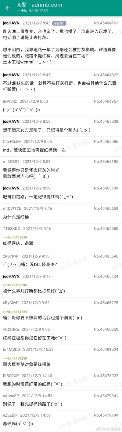 这是A岛匿名版综合版的一则帖子截图，楼主joqHAVN分享了自己的经历：已经从土木工程行业“跑路”（离职）一年，却在做春梦时梦到被喊去“打灰”（土木工程中浇筑混凝土的俗称）打断，因此吐槽自己仿佛灵魂还被困在工地，提到了土木圈“跑路不提红桶，灵魂会留在工地”的梗。之后楼主和其他网友围绕这个话题互动，网友们纷纷玩梗调侃，有人建议楼主回工地再提红桶跑一次，有人调侃楼主怀念打灰，还有人延伸红桶的梗，调侃春梦对象是“红桶娘”，另有网友表示自己跑路时带了红桶，也有网友跟风说要提桶跑路，整体是土木从业者对行业的吐槽和圈内专属梗的趣味互动，充满了对土木工程行业辛苦的自嘲式调侃。