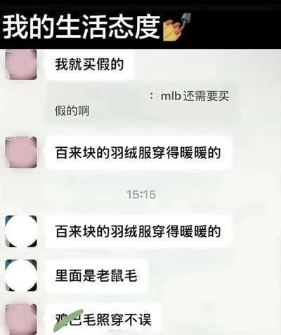 这是一张竖屏手机格式的聊天记录截图，顶部配有文字“我的生活态度”加铲💩表情，聊天内容展现了一群人摆烂式的消费观念：有人直言买假的MLB服饰，认为百来块的羽绒服只要暖和就行，即便被调侃里面是老鼠毛，最后发言者用被打码的谐音梗“鸡巴毛照穿不误”来强化无所谓的躺平心态，用自嘲又搞笑的方式表达接地气的生活态度。
其中最后一句使用了谐音梗，用粗俗词汇的谐音来放大摆烂的情绪。