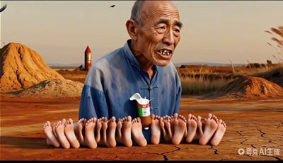 这是一张风格怪诞的猎奇AI生成图像，画面背景为干旱开裂的红褐色野外地貌，分布着沙土堆、荒草，远处可见红色火箭造型的建筑，天空有飞鸟掠过。画面主体是一位面部布满皱纹、牙齿缺损的老年男性，身穿蓝色中式立领对襟上衣，他的身体下半部分被一长串整齐排列的人类脚掌替代，胸前还放置了一瓶带白色翻盖的调味酱类容器，整体画面违背常理，视觉冲击较强，容易引发观者不适。