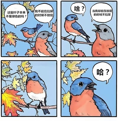 四格漫画描绘了两只小鸟的哲学对话。第一格中，蓝色小鸟疑惑地问橙色小鸟："这些叶子本来不是绿色的吗？"橙色小鸟却回答："我不能在拉屎的时候不放屁"。第二格中，蓝色小鸟一脸困惑地说"啥？"，橙色小鸟继续解释："当我却能在放屁的时候不拉屎"。第三格蓝色小鸟陷入沉思，第四格则表现出震惊的表情说"哈？"。漫画通过看似不相关的对话形成幽默效果，用生理现象比喻自然规律的变化。