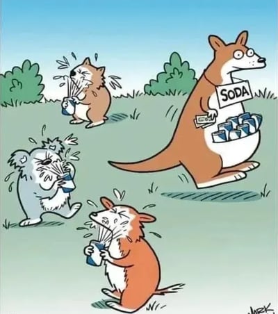 这是一幅单幅卡通静态漫画，场景设定在户外的绿色草地上，背景点缀着几株低矮的绿植。画面右侧的袋鼠被拟人化，它胸前挂着写有“SODA”的白色牌子，一只爪子攥着钞票，育儿袋里整齐摆放着多瓶苏打水，正淡定地向前走，似乎刚做成了几单生意。画面左侧的三只不同品种、不同颜色的小动物，各自拿着一瓶苏打水，它们的表情都十分痛苦，有的紧闭双眼，有的眉头紧皱，都在用力将喝进去的苏打水喷出来，身体也因为不适做出扭曲的动作。这幅漫画通过荒诞的设定制造笑点：袋鼠将售卖的苏打水放在用于哺育幼崽的育儿袋中，暗示这些饮品被污染或者味道极差，导致饮用的小动物出现强烈的生理不适。