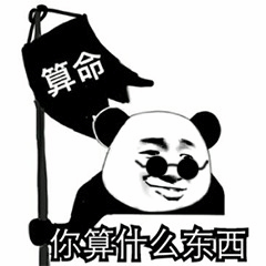 黑白卡通熊猫头形象，戴着墨镜，嘴角上扬露出得意笑容，左手高举一面写有“算命”二字的黑色小旗，下方配有文字“你算什么东西”。图片通过“算”字的双关（算命的“算”与“你算什么”的“算”）制造幽默讽刺效果，常用于社交场景中调侃或怼人。