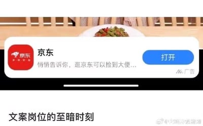 图片展示了京东广告的文案失误现场。广告弹窗中京东logo旁写着“悄悄告诉你，逛京东可以捡到大便...”，明显是将“大便宜”误写为“大便”的低级错误。弹窗下方配有文字“文案岗位的至暗时刻”，用幽默方式调侃这一尴尬的职场失误。背景隐约可见一盘菜肴，广告右侧有蓝色“打开”按钮及“广告”标识，整体呈现出社交媒体上常见的职场吐槽类图文内容。