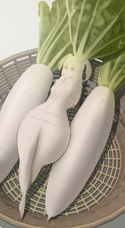 这是一张AI生成的趣味视觉错位图，画面中竹篮里的白萝卜与动漫女性角色的形象巧妙融合，角色的上半身轮廓被绘制在白萝卜的形态之上，仿佛这个女性角色的身体就是白萝卜的一部分，整体呈现出荒诞又搞笑的创意效果。
这张图利用视觉错觉，将蔬菜与拟人化角色结合，制造出新奇的视觉体验。