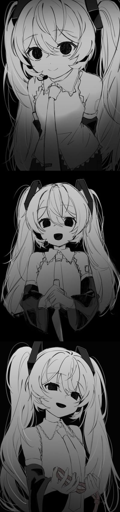 这是一组竖版三格的黑白手绘同人漫画，主角为虚拟歌手初音未来：
1. 第一格：初音面带温和的微笑，平静地注视着前方；
2. 第二格：初音双手握住自己的领带，表情带着期待的兴奋感；
3. 第三格：初音歪着头露出诡异的笑容，双手捧着类似眼球的物品，整体氛围带有暗黑猎奇感。画面背景为纯黑，突出角色的神态与动作，是带有暗黑风格的VOCALOID同人创作。