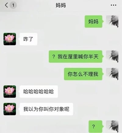 这是一张微信聊天界面截图，展示了孩子和备注为「妈妈」的母亲的趣味对话：孩子先发消息喊妈妈，吐槽自己在屋里喊了母亲半天都没得到回应，母亲先回复一串大笑，随后解释自己刚才以为孩子是在喊对象，所以才没有答应，最后孩子发出问号表示疑惑，整个对话充满生活化的笑点，侧面体现出长辈对孩子婚恋情况的普遍关注。