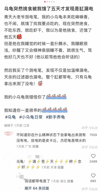 用户分享了一段养龟乌龙经历：起初误以为小乌龟突然挑食绝食，饿了它五天并因夜间扑腾水而生气责骂，后来用测电笔发现实为鱼缸加温棒和过滤器漏电，整个缸带电，才明白错怪了乌龟。内容幽默中透着愧疚，下方网友评论调侃“拿龟测电”“乌龟请苍天辨忠奸”等，充满趣味性。