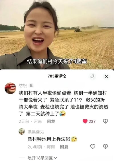 这是一张抖音竖屏视频的截图，上方是麦田中的博主，正开心地说着“结果俺们村今天来了4辆车”，背景里能看到麦田和收割机；下方是评论区的热门评论，河南用户“纺织”分享了自家村的麦茬处理神操作：有人半夜偷偷点着麦茬，烧到一半才通知村干部着火，紧急联系119救火，折腾大半夜后麦茬烧完、田地被救火的水浇透，第二天就顺利种上了地，另一条评论调侃“恁村种地用上兵法啦”，整个内容充满了农村生活的接地气感和搞笑氛围，没有双关或谐音梗，是用“兵法”来调侃这种迂回的小聪明操作。
