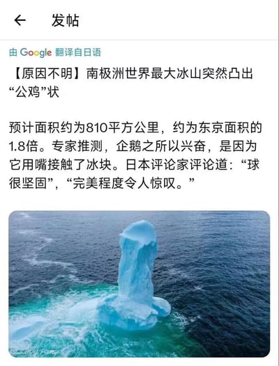 这是一则经过Google翻译自日语的恶搞社交媒体发帖，用正经的新闻报道口吻编造内容：称南极洲出现一座面积约810平方公里、相当于东京面积1.8倍的“公鸡状”世界最大冰山，还离谱地推测企鹅兴奋是因为用嘴接触冰块，配上日本评论家“球很坚固”“完美程度令人惊叹”的评论；而配图里的冰山实际形状带有明显的低俗暗示，用反差感的虚假新闻文案制造恶趣味搞笑效果。