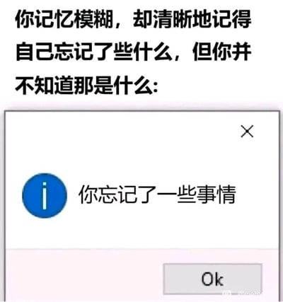 这是一张图文混排的静态梗图，上方配有一段文字：“你记忆模糊，却清晰地记得自己忘记了些什么，但你并不知道那是什么:”，下方是一个模仿电脑系统提示框的界面，提示框内有蓝色的信息图标，搭配文字“你忘记了一些事情”，还有一个灰色的“Ok”按钮。这张图将人们生活中常出现的一种微妙心理状态——明明知晓自己存在遗忘的事情，却完全无法回忆起具体内容的茫然感，用大家熟悉的系统提示框形式具象化，让抽象的感受变得直观又充满趣味，精准戳中很多人都有过的类似体验。