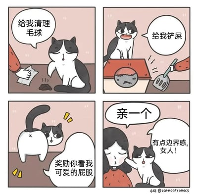 这是一组四格卡通漫画，描绘了傲娇猫咪和女主人的趣味日常互动：第一格中，黑白猫咪一脸理所当然地命令女主人清理它吐出的毛球，女主人配合清理；第二格，猫咪坐在猫砂盆上，继续命令女主人为它铲屎；第三格，猫咪转身对着主人翘起屁股，称这是给主人完成任务的奖励；第四格，女主人想要亲猫咪作为互动，猫咪却立刻用爪子推开女主人，傲娇地要求对方“有点边界感”，展现出猫咪双标又傲娇的性格——自己可以随意支使主人做脏活累活，却在主人想要亲近时划清界限，充满搞笑反差感，精准戳中猫奴们的养宠日常体验。