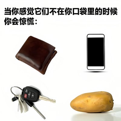 图片上方有文字'当你感觉它们不在你口袋里的时候你会惊慌：'，下方展示了四样物品：棕色皮夹、智能手机、钥匙串和土豆，通过将日常必需品与非必需品并列，制造幽默效果。