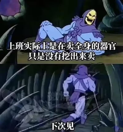 本梗图分为上下两部分，使用了动画《宇宙的巨人希曼》中的反派角色Skeletor（骷髅人）。上半部分显示Skeletor悠闲躺着，配文“上班实际上是在卖全身的器官，只是没有挖出来卖”；下半部分则见他转身离开，文字“下次见”。通过幽默讽刺的方式吐槽上班族将健康和精力消耗在工作上，形象化表达“打工人”的无奈和丧气，充满黑色幽默气息。虽无明显谐音梗，但“卖器官”用作夸张比喻，有一定暗示成分。