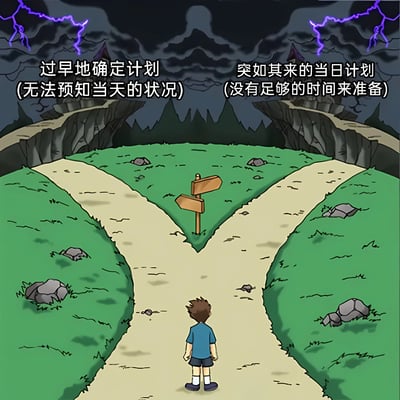 卡通风格插画中，一个穿蓝色上衣的男孩站在分岔路口前，天空乌云密布并伴有紫色闪电，营造出紧张氛围。两条小路分别通向不同方向，左侧路牌标注‘过早地确定计划 (无法预知当天的状况)’，右侧路牌标注‘突如其来的当日计划 (没有足够的时间来准备)’，生动展现了计划制定时面临的两难选择。