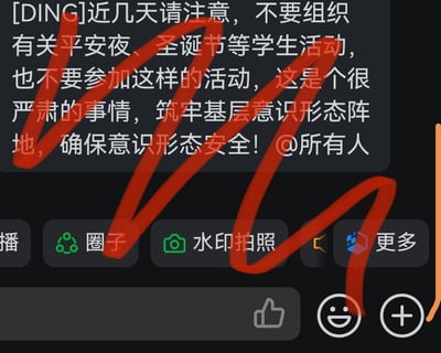 这是一张钉钉平台的DING消息截图，消息面向全体成员发布，内容为通知近几日严禁组织和参与平安夜、圣诞节相关的学生活动，强调此事的严肃性，要求筑牢基层意识形态阵地、保障意识形态安全。截图上有红色的手写涂鸦覆盖在部分文字区域，底部可见钉钉的互动功能按钮，包括点赞、表情、添加按钮，以及圈子、水印拍照、更多等功能选项。