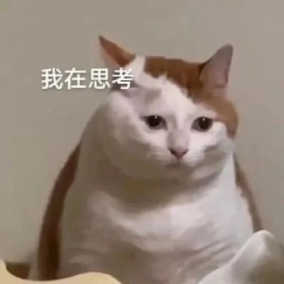 这是一张静态的文字加注表情素材图，主体是一只白棕配色的胖猫咪，猫咪呈端坐姿态，眼神低垂，面部表情看起来有些凝重、若有所思，在猫咪的左上方配有醒目的白色文字“我在思考”，将猫咪的神态和文字结合，赋予了猫咪拟人化的思考状态，生动地传递出陷入沉思、正在思索事情的情绪，非常适合在社交聊天中用来表达自己当下正在思考的状态。