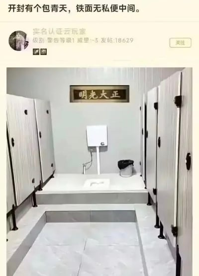 整张图是论坛帖子形式的搞笑梗图，顶部配文改编自《包青天》主题曲歌词，将原句“铁面无私辨忠奸”谐音修改为“铁面无私便中间”，下方配图为公共厕所实拍场景：厕所通道两侧排列着若干独立隔间，通道最尽头的正中央位置设置了一个开放式蹲便，蹲便上方墙面悬挂着古代县衙公堂标配的“明光大正”牌匾，整体布局模拟古代公堂升堂的场景，结合改编的谐音歌词形成强烈的反差笑点，趣味十足。