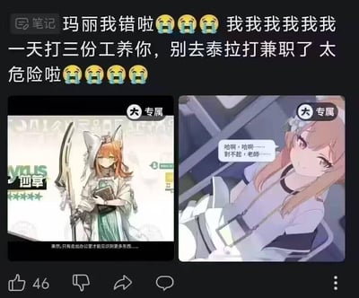 这是一张二次元玩家自制的跨界玩梗图，通过拼接《明日方舟》与《蔚蓝档案》的角色截图，玩起了「角色撞脸+打工跨界」的趣味梗：将《蔚蓝档案》的伊落玛丽（玩家俗称玛丽）与《明日方舟》外形相似的干员沙草绑定，配文「玛丽我错啦😭😭😭 我我我我我我一天打三份工养你，别去泰拉打兼职了 太危险啦😭😭😭😭」，营造出「玛丽为赚钱偷偷跑去明日方舟的泰拉世界当干员，被发现后玩家心疼求饶」的搞笑场景。
左边《明日方舟》的沙草截图配文「果然,只有走出办公室才能见识到更多东西……」，暗示角色“走出原游戏世界打工”的设定；右边《蔚蓝档案》的伊落玛丽带着愧疚疲惫的语气说「哈啊，哈啊……對不起，老師……」，进一步强化“偷偷打工被抓包”的愧疚感，让两个游戏的角色场景完美契合玩梗逻辑，充满二次元玩家的整活趣味。