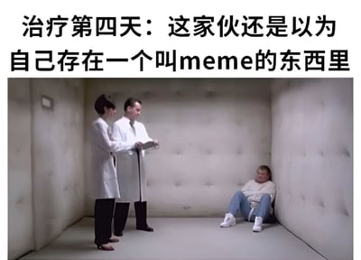 图片上方配有文字“治疗第四天：这家伙还是以为自己存在在一个叫meme的东西里”，下方是一个场景：两个穿着白色医生服的人站在一间墙面铺有软垫的房间（疑似精神病房）内，其中一人手持文件，另一人侧身看向角落；角落里有一名穿着浅色上衣和蓝色裤子的人蜷缩着坐在地上，神情茫然。图片通过将精神治疗场景与“meme存在”的荒诞想法结合，形成一种元幽默——用meme的形式表现一个认为自己活在meme里的角色，制造出自我指涉的搞笑效果。