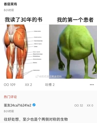 这是一条发布在社交平台的搞笑梗图帖子，发布者为“香菇菜鸡”。帖子采用左右对比的形式：左侧是标注了详细肌肉名称的人体下肢解剖示意图，上方配文“我读了30年的书”，象征着医生多年来学习的标准医学解剖知识；右侧是动画《怪物电力公司》中角色麦克·华斯基的背面恶搞形象，其身体结构完全不符合常规人体解剖，上方配文“我的第一个患者”。两者形成强烈反差，调侃刚进入医疗行业的从业者，在面对超出自身知识体系的“特殊患者”时的错愕与无力感。热门评论“往好处想，至少也是个两侧对称的生物”以自嘲式的幽默进一步放大了这种反差带来的笑点，引发共鸣。
