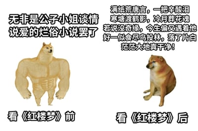 这张图采用网络流行的左右对比meme模板，以肌肉柴犬和哭泣柴犬分别代表观看《红楼梦》前后的状态：左侧看《红楼梦》前，肌肉柴犬摆出傲慢的姿态，配文表达了对《红楼梦》的刻板印象，认为它只是俗套的言情小说；右侧看《红楼梦》后，柴犬悲伤哭泣，配文引用《红楼梦》中的经典原文，包括开篇诗、经典联句、词句和收尾曲，体现出看完书后被书中家族兴衰、人物悲剧命运深深触动，心态从最初的轻视转变为深刻的共情与伤感，生动展现了读者对《红楼梦》从误解到理解的过程。
