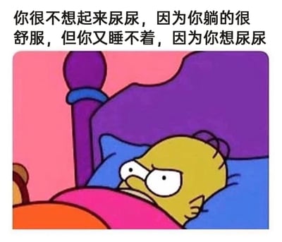 这是一张文字加注类的卡通表情包，上方配有黑色文字：“你很不想起来尿尿，因为你躺的很舒服，但你又睡不着，因为你想尿尿”，精准描述了人们在深夜想憋尿赖床，却又被尿意折磨得无法入睡的纠结处境；下方是美国经典动画《辛普森一家》中的主角霍默·辛普森的截图，他躺在床上，眉头紧皱、眼睛瞪大，满脸烦躁抓狂的表情，完美呼应了上方文字所表达的矛盾又痛苦的心情，非常贴切地戳中了很多人都经历过的日常小纠结，让人感同身受又觉得搞笑。