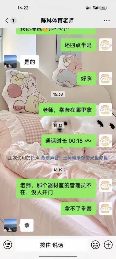 这是一张手机微信聊天记录截图。聊天背景是一间布置温馨的卧室，粉色的床铺和格子枕头上摆放着卡通造型抱枕，还有一只白色的小狗趴在床上。学生与备注为“陈琳体育老师”的联系人聊天，先确认了四点半的考试安排，随后询问拳套在哪里拿。在经历了一次18秒的语音通话后，学生于16:19向老师反馈器材室管理员不在、没人开门，因此拿不了拳套。体育老师随后仅回复了一个字“拿”。这个回复极其简洁且语气强硬，带有一种不管客观条件如何、必须完成任务的命令感，这种缺乏解释且不容置疑的沟通方式产生了强烈的喜剧效果，展现了师生对话中让人哭笑不得的一幕。