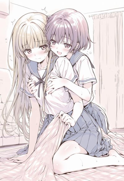 图中呈现了两位身着水手服校服的二次元少女，浅紫短发少女从身后环抱住金发长发少女，双手放在对方胸前，面露亲昵笑意；金发少女则脸颊泛红、带着汗珠，神情羞涩又带着一丝委屈，手抓着对方的手，似乎在害羞抗拒，两人互动充满暧昧的百合气息，场景位于室内的床铺上，整体画风柔和清新。