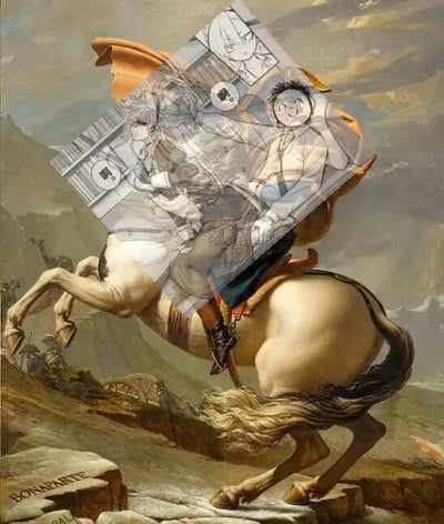 这是一张二次创作的趣味P图，以法国画家雅克-路易·大卫的经典历史油画《拿破仑翻越阿尔卑斯山》作为底图，在画面中拿破仑的位置叠加了一页日式漫画内容。漫画里的男性角色呈现出惊讶挠头的姿态，女性角色则表情平淡，二者的姿态与底图中拿破仑骑马的姿势巧妙重合，形成了强烈的视觉反差。漫画中还带有写着“喂”的对白气泡，让原本严肃庄重的古典名画瞬间变得诙谐搞笑，充满玩梗趣味。