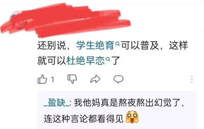 这是一张社交媒体评论区的截图，上方发布的评论内容为“还别说，学生绝育可以普及，这样就可以杜绝早恋了”，该条评论获得1个点赞，发布者的账号信息被红色涂抹遮挡；下方是用户“_盈缺_”对该条评论的回复，内容为“我他妈真是熬夜熬出幻觉了，连这种言论都看得见”，回复末尾搭配了一个双眼放光的惊讶小黄脸表情，体现出回复者看到这条违背常识的离谱言论时的震惊、无语情绪。