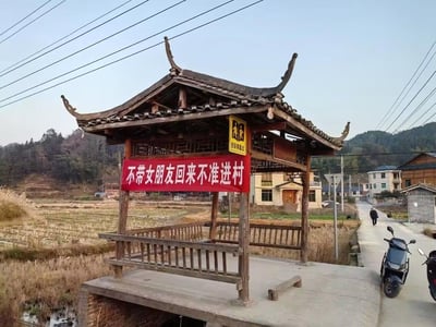 这是一张乡村实景拍摄图，画面中心是一座古色古香的木质候车亭，亭身标注有“校车停靠点”标识，同时悬挂着一条醒目的红色横幅，上面写着“不带女朋友回来不准进村”，用直白又幽默的硬核方式调侃催婚，戳中当代青年被催婚的痛点。背景是收割后的田野、错落的乡村民居与远处的山林，村道上还有行人路过，整体充满接地气的乡土生活气息，无双关、谐音梗，是直白的催婚趣味表达。