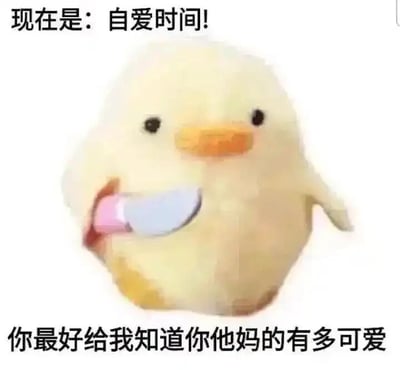 这是一张图文混排的静态表情素材图，主体是一个软萌的浅黄色毛绒小鸭形象，小鸭表情平静温和，一只“手”握着一把带有粉色刀柄的小刀，可爱的形象和手中的小刀形成强烈反差。图片上方配有文字“现在是：自爱时间！”，下方配有文字“你最好给我知道你他妈的有多可爱”，用一种看似强硬、带点脏话的语气来传递要自我肯定、接纳自己可爱之处的正向情绪，这种“凶巴巴”的语气和软萌的小鸭形象再次形成反差，让整个表情包显得幽默又治愈，非常适合用来在聊天中鼓励自己或者朋友，传递自我关爱、自我肯定的积极态度。