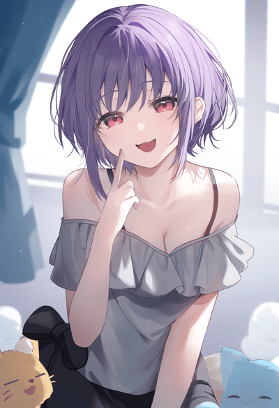 画面中是一位有着淡紫色短发、粉瞳的二次元少女，她穿着露肩的灰色荷叶边上衣，正用食指抵在脸颊旁，露出俏皮的笑容。背景是洒满阳光的明亮窗边，一旁垂着深蓝色窗帘，少女身侧还有一只表情愉悦的黄色卡通猫咪玩偶，整体氛围温馨治愈，充满软萌的日系二次元气息。