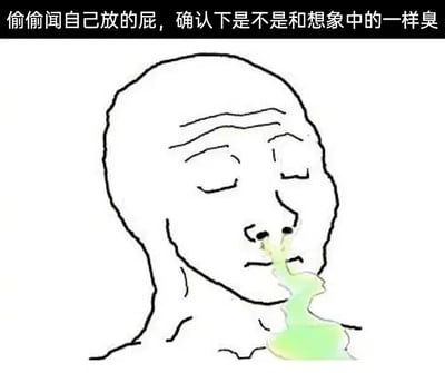 这是一张线稿风格的搞笑梗图，画面呈现了一个闭着眼睛的光头人物，正专注地吸入从下方飘来的黄绿色气体，图上方配有文字“偷偷闻自己放的屁，确认下是不是和想象中的一样臭”。图中用夸张的画面还原了很多人都有过的私密小行为，以幽默的方式放大了这种有点尴尬又真实的日常瞬间，没有双关、谐音梗或暗示内容。