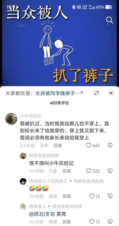 图片上半部分为蓝色背景的简笔画：一个人站在箱子上，另一个人弯腰拽其裤子，上方配有大字“当众被人扒了裤子”。下半部分是社交平台的评论区截图，显示480条评论，其中热门评论来自“小牛历险记”，讲述自己被扒裤子后坚持让对方家长亲自穿裤子的经历，下方有其他用户调侃“怪不得叫小牛历险记”等互动内容。