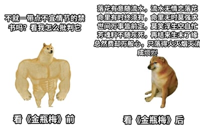 这是一张左右对比的图文梗图，通过两种不同状态的柴犬形象，展现读者阅读《金瓶梅》前后的心态反差。左侧是看《金瓶梅》前的状态，使用肌肉发达的柴犬（Doge梗图），配文表现出对这本书的不屑，认为只是带不宜情节的禁书，想要批判它；右侧是看《金瓶梅》后的状态，使用坐着流泪的柴犬，配文是《金瓶梅》中充满世事无常、人生悲凉感的诗句，表现出读者被书中的世情冷暖、命运无常所触动，从最初的不屑转变为伤感唏嘘的心态。
