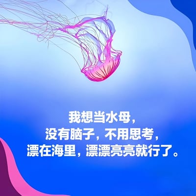 图片主体为一只粉色水母，其透明伞状体和细长触手在蓝色渐变背景中呈现出飘逸感。下方配有白色文字：'我想当水母，没有脑子，不用思考，漂在海里，漂漂亮亮就行了。' 整体风格清新治愈，通过水母的意象表达了对简单、无压力生活状态的向往。