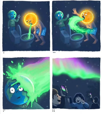 这是一幅四格漫画，描绘了太阳呕吐绿色液体，这些液体落到地球上形成了极光，人们正在用手机拍摄这一奇景。