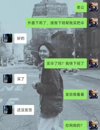 这是一张合成的搞笑梗图，背景是日本艺人新垣结衣站在城市街道上回头微笑的街拍照片，前景叠加了一对夫妻的微信聊天记录：妻子告知丈夫外面正在下雨，要求丈夫接自己下班时顺路买一把伞，丈夫一口答应；等妻子快下班时询问是否买好伞，丈夫称已经买了，妻子要求看伞的照片时，丈夫却说伞还没发货，最后妻子震惊反问丈夫难道是网购的伞，通过丈夫不符合常理的迷惑操作制造强烈的喜剧效果。