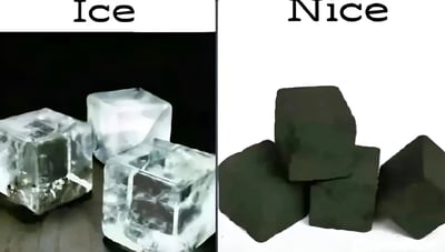 图片为左右对比结构，左侧上方标注“Ice”（冰），下方展示三块透明立方体冰块，背景为黑色；右侧上方标注“Nice”（好的），下方展示四块黑色立方体物体（疑似木炭或黑色方块），背景为白色。通过“Ice”与“Nice”的英文谐音梗，形成幽默的视觉对比，左侧透明冰块与右侧黑色方块在颜色和质感上形成鲜明反差，以文字游戏制造趣味效果。