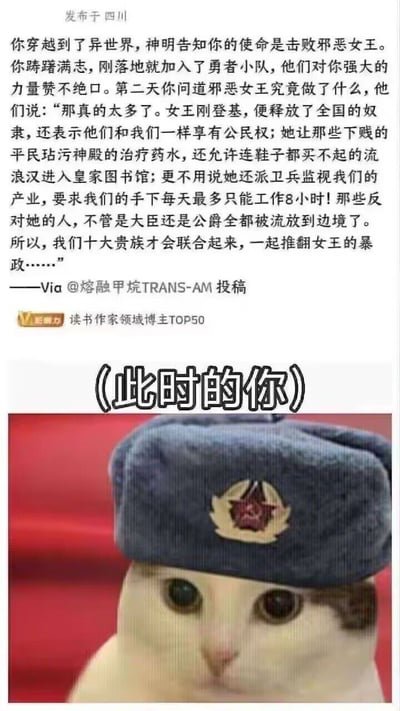 这是一张反套路的搞笑梗图，采用图文混排的形式。上方文案讲述了一个异世界穿越的故事：主角被神明指派去击败“邪恶女王”，加入由十大贵族组成的勇者小队后，却从他们口中得知女王的“暴政”全是为底层民众谋福利的正义举措——解放奴隶并赋予公民权、让平民享有医疗和教育资源、推行8小时工作制，还打压了作恶的贵族。下方是一张经过P图的猫咪图片，给猫咪戴上了带有苏联风格徽章的贝雷帽，配文“(此时的你)”，精准表现出主角听完贵族的话后，立刻决定倒戈投奔女王的坚定心态，通过贵族的“暴政”表述与女王的正义政策的反差制造笑点，同时8小时工作制等内容也能引发打工人的共鸣。