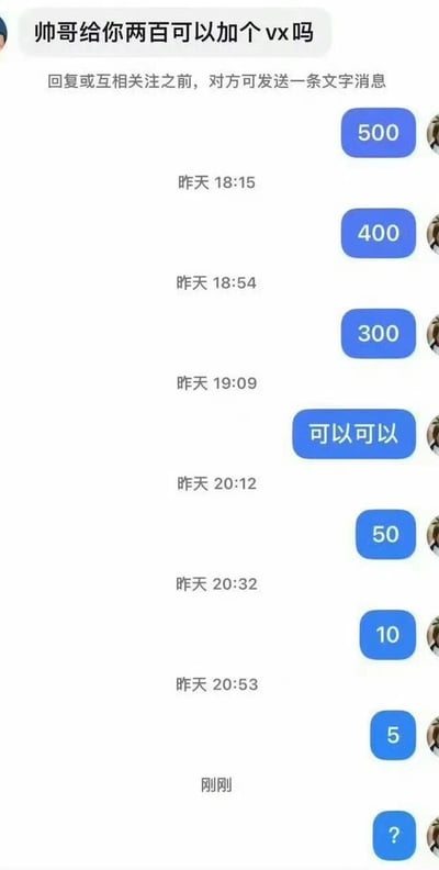 这是一张微信聊天记录截图，显示有人试图用钱换取添加好友。最初消息是"帅哥给你两百可以加个vx吗"，随后对方开始还价，价格从500元逐渐下降到400、300，直到接收方回复"可以可以"表示同意添加好友。之后价格继续下降到50、10、5元，最后以一个问号结束。整个对话呈现出一种幽默的讨价还价场景。