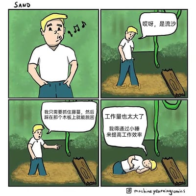 这是一则四格搞笑卡通漫画，第一格中，金发卡通男子插着兜、哼着歌，神态悠闲地站着；第二格他发现自己陷入了流沙，露出惊讶的神情；第三格他很快想到了脱困方案：抓住身旁的绿色藤蔓，踩在旁边的木板上就能脱离流沙；第四格他却吐槽脱困的工作量太大，反而直接躺倒在流沙里，打算通过小睡来提高工作效率。漫画用荒诞的情节，将职场中“靠小睡提升工作效率”的话术放到生死攸关的脱困场景中，讽刺了职场里面对紧急任务却拖延、摸鱼的行为，充满黑色幽默。