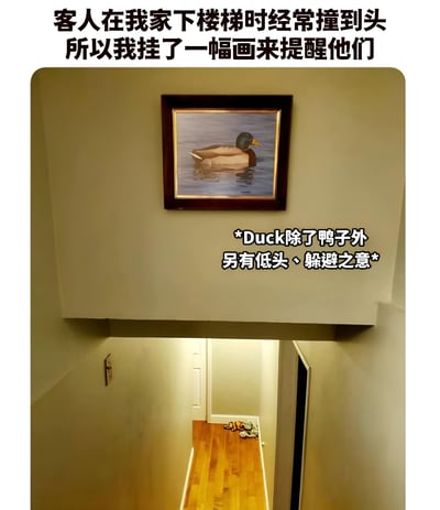 这张图片展示了一个走廊场景，天花板较低的位置挂着一幅鸭子的画像。图片上方配有文字说明：'客人在我家下楼梯时经常撞到头 所以我挂了一幅画来提醒他们'，下方补充说明：'*Duck除了鸭子外 另有低头、躲避之意*'。这是一个巧妙运用英语双关语的幽默图片，通过挂鸭子(duck)的画像，既展示了一幅画，又利用'duck'的另一层含义（低头、躲避）来提醒客人注意低矮的天花板，避免撞头。