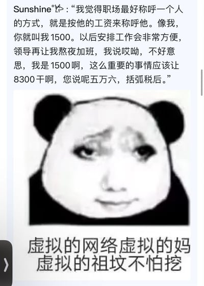 这是一张结合了聊天记录和熊猫头表情包的搞笑梗图。上方是用户Sunshine°发布的职场吐槽段子，提出职场按工资称呼人的脑洞：自称“1500”，拒绝加班时表示重要工作该让“8300”来做，还称呼领导为“五万六（税后）”，用薪资划分工作内容的方式，吐槽职场中薪资与工作量不匹配的现状；下方是经典的熊猫头表情包（真人脸P到熊猫头上），配文“虚拟的网络虚拟的妈 虚拟的祖坟不怕挖”，表达在网络上可以大胆发言、破罐破摔的心态，整体是打工人用玩梗的方式，自嘲并抗拒不合理的工作安排，情绪诙谐又带着无奈。